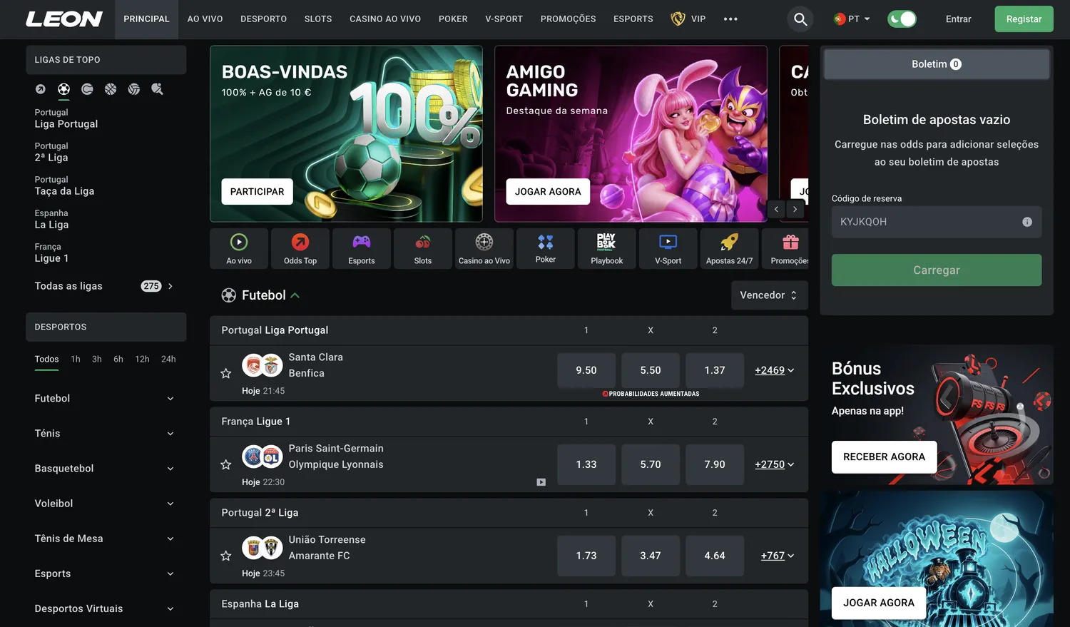 Página inicial do site da Leon Bet em português, com o menu de desporto, as ligas, o boletim de apostas e os botões Entrar e Registar