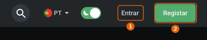 Cabeçalho do site da Leon Bet com o botão Entrar (1) e o botão Registar (2)