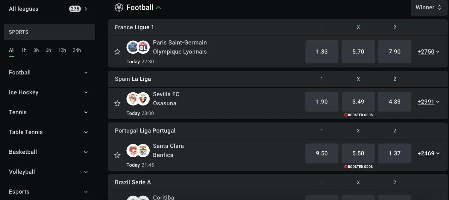 The Leon Bet website in English: sports list on the left and football odds in the centre