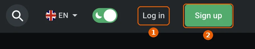Leon Bet website header with the Log in button (1) and the Sign up button (2)